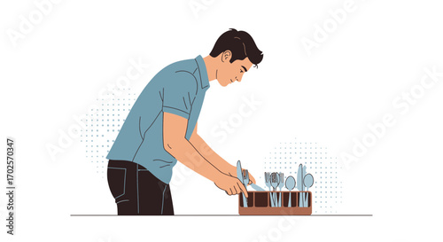 Person Organizes Cutlery In A Tray, Daily Routine And Home Task Illustration