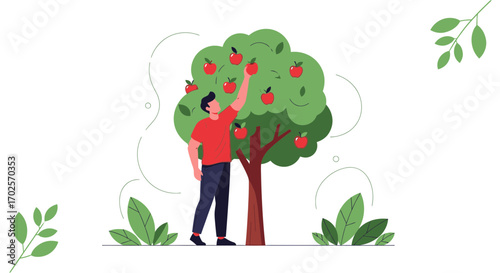Man Harvesting Apples From a Tree in a Simple Artistic Flat Vector Design