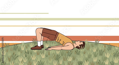 Person Performing Bridge Exercise Outdoors On Green Grass With Colorful Background