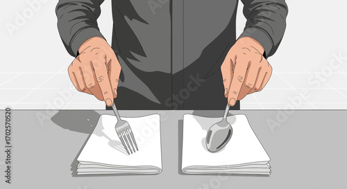 Man In Grey Preparing To Eat Restaurant Meal With Fork And Spoon Nicely