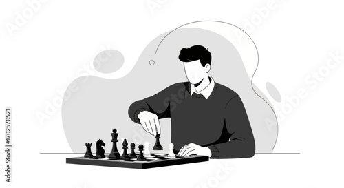 Person Playing Chess: Strategy Illustration with Minimalist Design and Strategic Gameplay