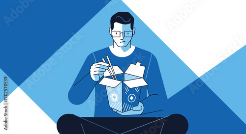 Man In Blue Holds Takeout Food Box With Chopsticks And Contemplative Expression