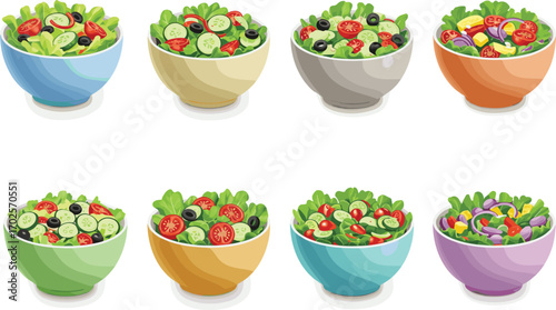PrintVector illustration of fresh vegetable salad bowls with lettuce, cucumber, tomatoes, olives, onions, healthy food, colorful, organic ingredients, nutritious meal