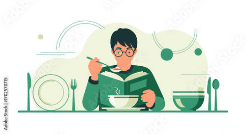 Person Reading Book while Enjoying Soup, Engaging in Leisure, Simplistic Modern Illustration