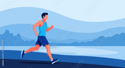 Man Jogging Outdoors Near Water, Enjoying Sports or Exercise in a Scenic Landscape