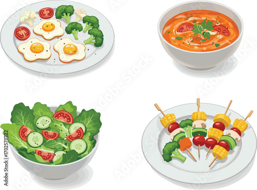 PrintVector illustration of healthy food meals including eggs, salad, soup, and vegetable skewers, ideal for diet, nutrition, and cooking.