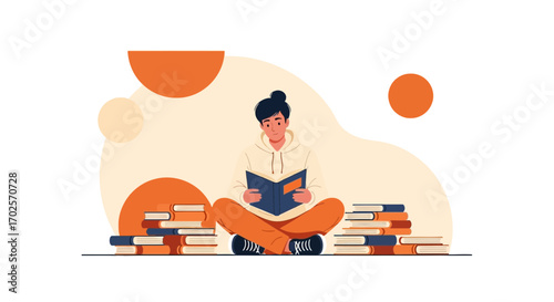 Person Reading Surrounded By Books, Peaceful Moments, Tranquility And Intellectual Pursuit