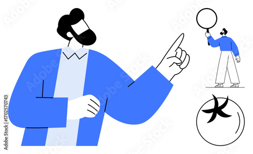 Confident man gesturing upward while holding a sphere, encouraging focus, direction, and possibility. Ideal for guidance, leadership, motivation, innovation, teamwork decision-making simple landing