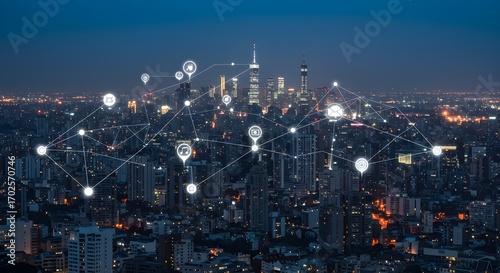 Wallpaper Mural City with Network of Digital Icons – Smart Urban Infrastructure and Connected Technology Concept Torontodigital.ca