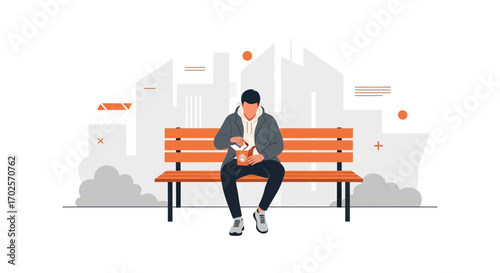 Man Opening Food Box While Sitting On Park Bench With City Buildings Background