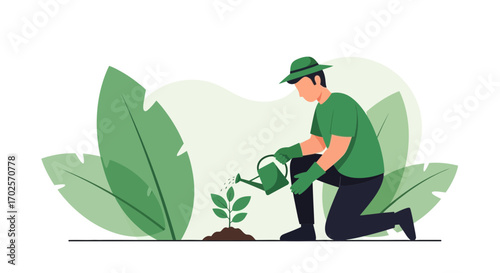 Man Nurturing Seedling with Watering Can, Representing Growth, Nature, and The Environment