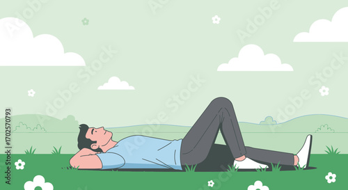 Person Relaxing In A Lush Field Under The Daytime Sky, Illustrative Representation