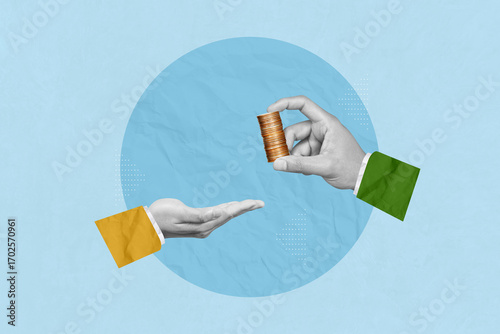 Investment, donate, donation, invest, saving money, profit and savings concept. Creative art collage of hands hold coins and passes it to the other hand indicates business investment