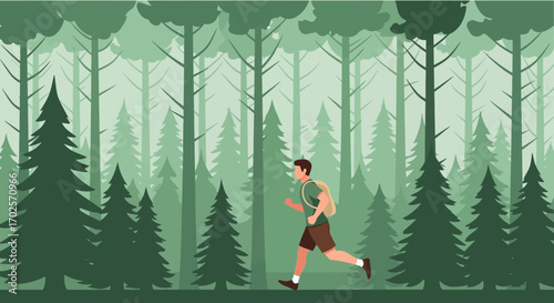 Person Running Through A Dense Forest Surrounded By Tall, Lush Green Trees