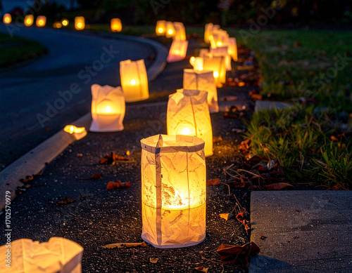 Halloween Luminaria Path Suburban Driveway Evening Candle Display