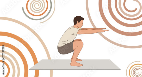 Man Performing Squat Exercise in Fitness Studio with Abstract Design and Spirals