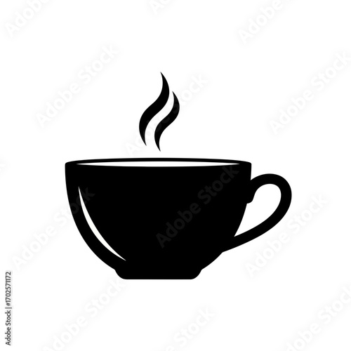 Black silhouette of a steaming coffee cup on a white background
