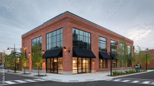 Wallpaper Mural Commercial Building Exterior with Brick Facade, Large Windows and Black Awnings at Dusk Torontodigital.ca