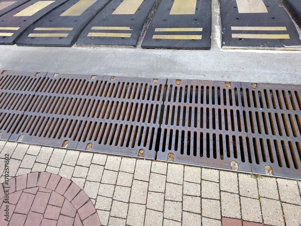 Fototapeta premium Sewer Grate Marking Entrance to Underground Parking Lot Surrounded by Patterned Pavement