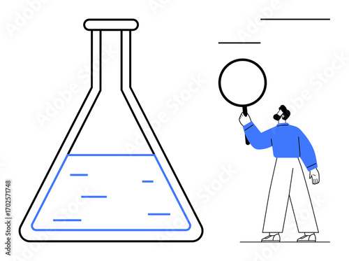 Flask partially filled with liquid and person holding magnifying glass in hand. Ideal for science, research, laboratory, analysis, exploration, innovation, simple landing page