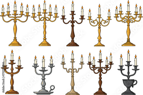 PrintVector set of elegant vintage candelabras with burning candles in various styles and colors for decoration and design projects