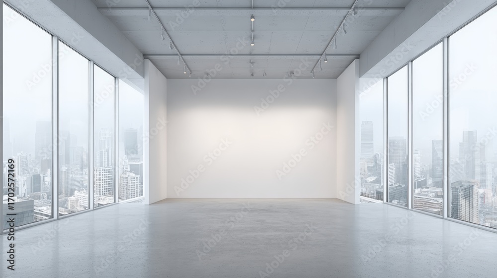 Fototapeta premium Bright Modern Gallery Space with Large Windows Overlooking a City Skyline, Perfect for Exhibitions