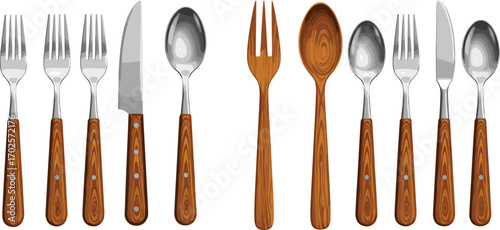 PrintVector Set of Kitchen Cutlery with Wooden Handles Including Spoons, Forks, and Knives for Cooking, Dining, and Restaurant Use