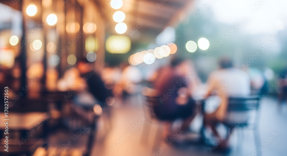 Fototapeta premium Evening ambiance at a city street cafe with a beautiful blurred background of people socializing under warm glowing bokeh lights