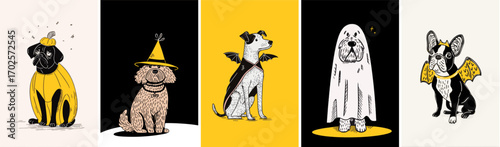 Cute doodle halloween dogs in costumes with witch hats pumpkins ghosts and bat wings