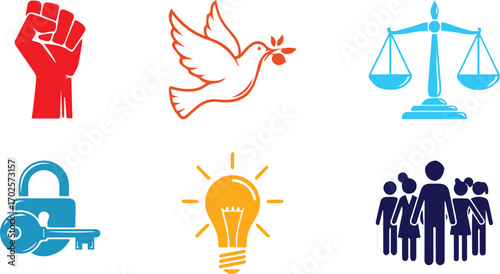 diverse icons representing freedom, peace, justice, security, ideas, and community this collection symbolizes fundamental rights, harmony, innovation, and social connection