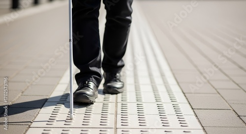 Navigating urban life with visual impairment, a person follows the tactile guide path on a sidewalk