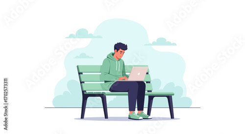 Person Working On Laptop Outdoors In Park, Remote Work Freelance Concept Illustration