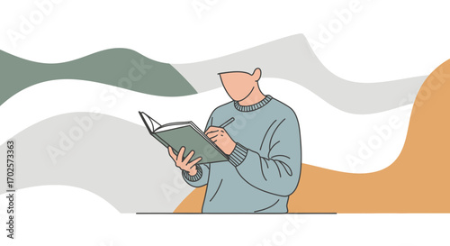 Person Writing in Journal with Abstract Background, Contemplation and Planning Illustrated