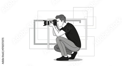 Photographer Captures Composition, Crouching Position, Utilizing a Digital Camera to Create a Shot