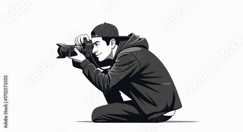 Photographer Capturing Moment Crouched Down With Camera in Artistic Black and White