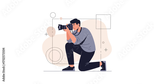 Photographer Capturing Image In Kneeling Position With Complex Geometric Composition