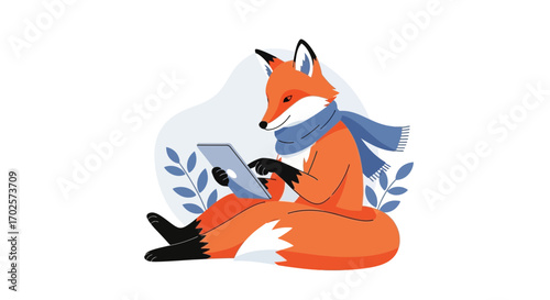 Smart Fox Uses Tablet to Browse the Digital World, Staying Cozy in its Scarf
