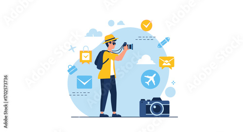 Photographer Capturing Travel Adventures with Illustration of Icons and a Camera Perfect Aesthetic