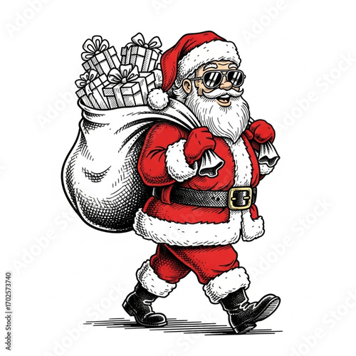 Hand-Drawn Engraving Sketch of Cool Santa Claus with Sunglasses Carrying Sack of Gifts