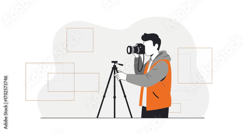 Photographer Capturing View With Camera On Tripod, Studio Illustration Art