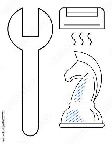 Knight chess piece, wrench tool, air conditioning unit symbolizing strategy, problem-solving, and modern technology. Ideal for planning, repair, innovation, decisions cooling mechanics