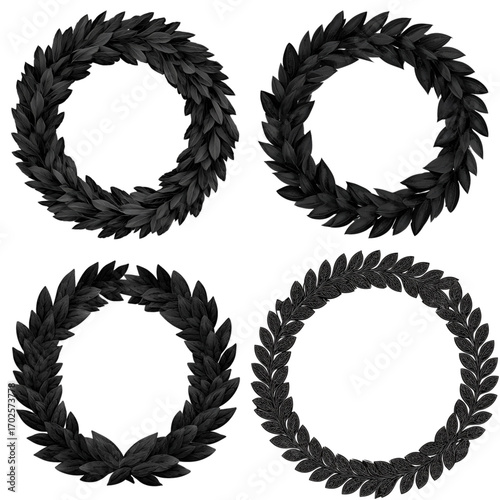 Set di 4 corone d’alloro nere su sfondo scuro: eleganti cornici botaniche rotonde per loghi, inviti, certificati e premi. Stile minimal con dettagli realistici, ideale per branding, poster, mockup e s