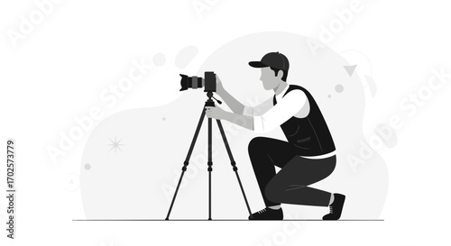 Photographer Focused On Work Capturing Moments Using Camera on Tripod for Artistic Creation