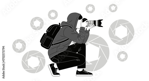 Photographer Squatting With Camera, Surrounded by Aperture Symbols, Capturing the Moment
