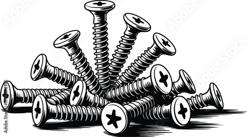Metal Screws Vector, Hardware Fasteners Illustration.