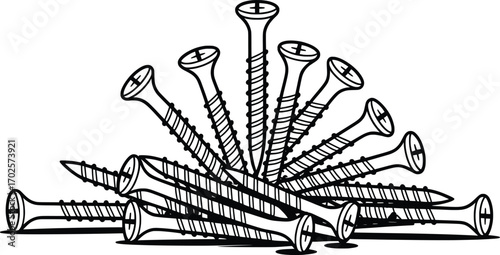 Metal Screws Vector, Hardware Fasteners Illustration.