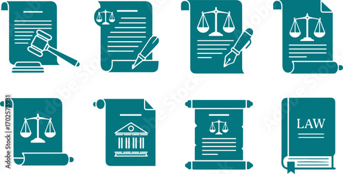  collection of law and justice icons featuring scales of justice, gavel, law book, and legal documents, this set represents legal themes, court proceedings, and the pursuit of justice