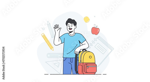 Smiling Boy Waving Hand, Backpack, Back To School, Education, And Studying Theme