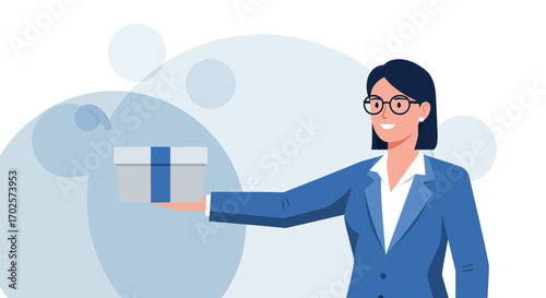 Smiling Businesswoman Offering Gift Box Demonstrating Appreciation Or Delivery