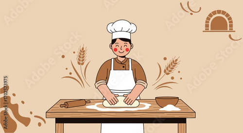 Smiling Chef Kneading Dough For Baking Delicious Bread In An Artisan, Flat Illustration